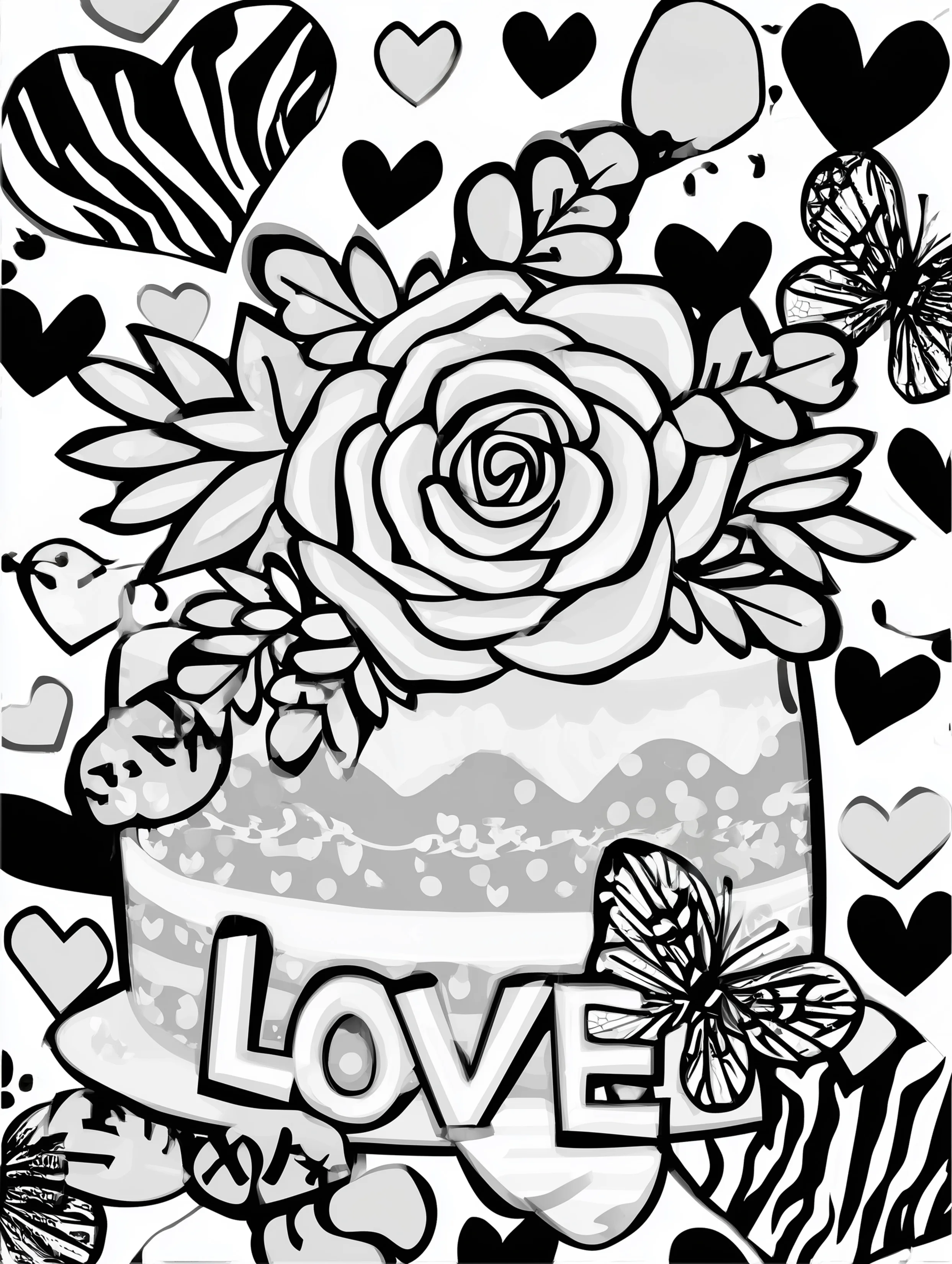 Free printable valentines coloring pages for adults featuring Love word on cake